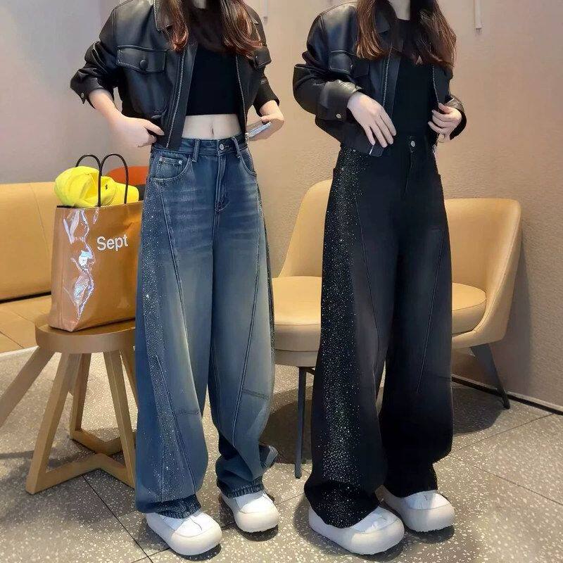 重工窄梨形显瘦感春季烫钻宽松弯刀2026裤新款女高腰阔腿牛仔裤版