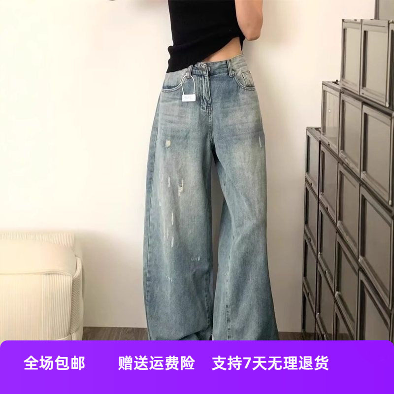 新款破洞大码直筒裤阔腿牛仔裤复古休闲显瘦子宽松高腰百搭女早秋