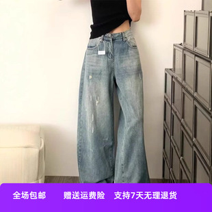 新款破洞大码直筒裤阔腿牛仔裤复古休闲显瘦子宽松高腰百搭女早秋