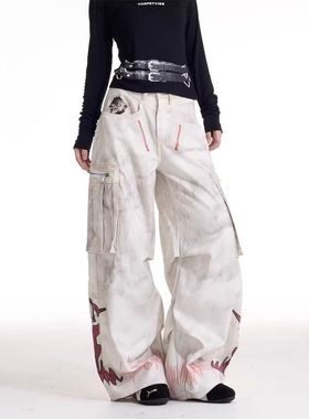 2025美式宽松新款男女显瘦阔腿裤复古牛仔裤工装百搭口袋hiphop多