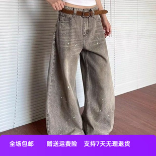 裤 水洗形阔 子小众男女潮流弯刀复古街头跨境泼墨慵懒美式 子牛仔裤