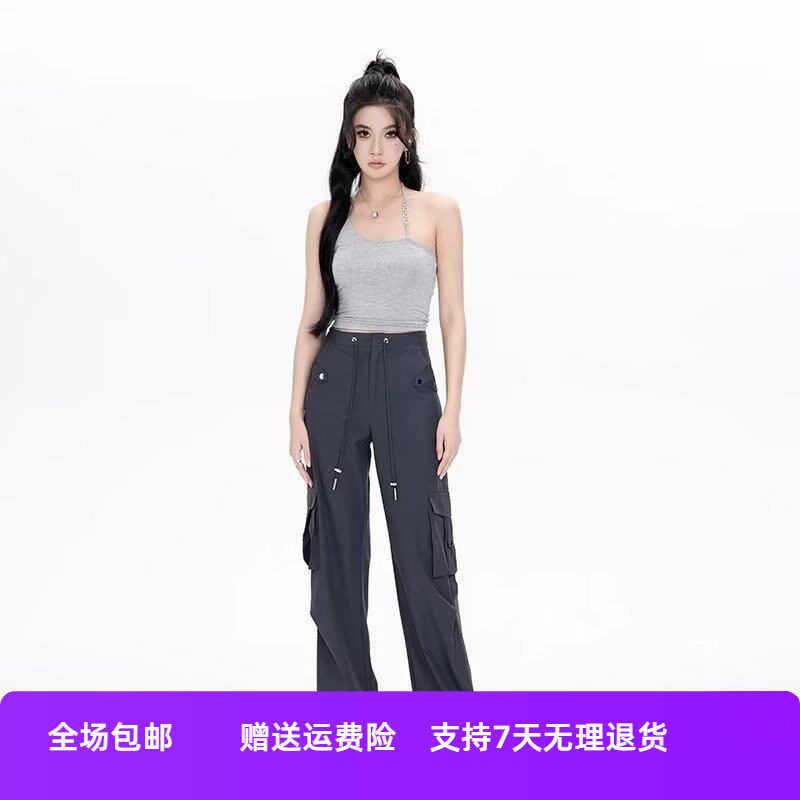 工装裤休闲裤高腰女垂感抽绳秋季阔腿宽松双口袋美式高街束脚潮流