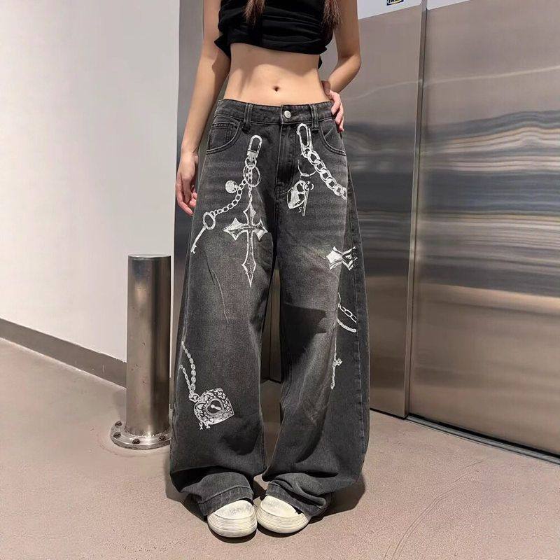 花牛仔裤新款复古阔腿设计感春夏美式长裤女链条拖地印直筒宽松3D