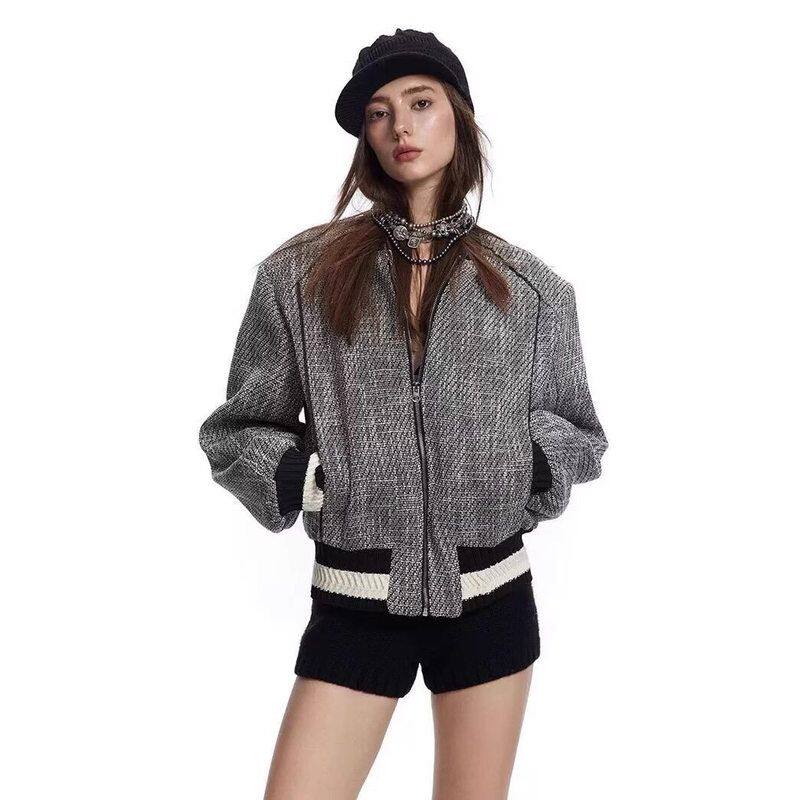 外套香风百搭简约领开衫拉链时尚夹克男女秋冬小棒球休闲韩版粗花