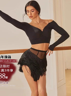 ZYM25105【小杏运】上衣一字肩v领拉丁舞练功服冬装露背交叉带