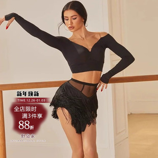 露背交叉带 上衣一字肩v领拉丁舞练功服冬装 ZYM25105 小杏运