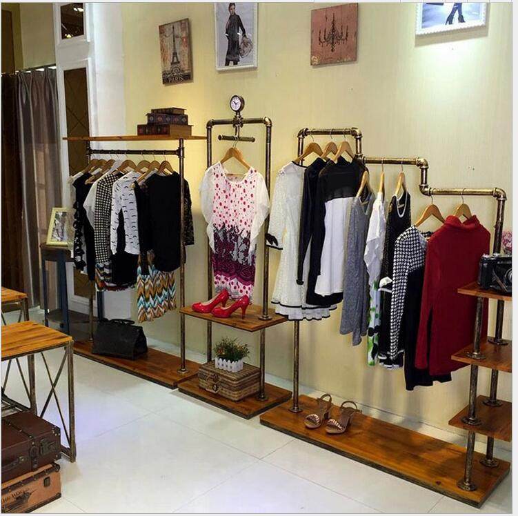 复古实木铁艺梯形服装侧挂展示架
