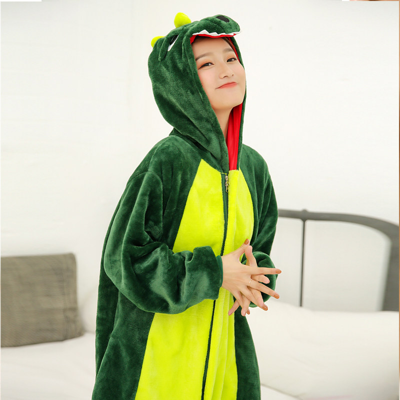 秋冬季珊瑚绒法兰绒卡通动物动漫连体龙猫小恐龙睡衣男女可爱情侣