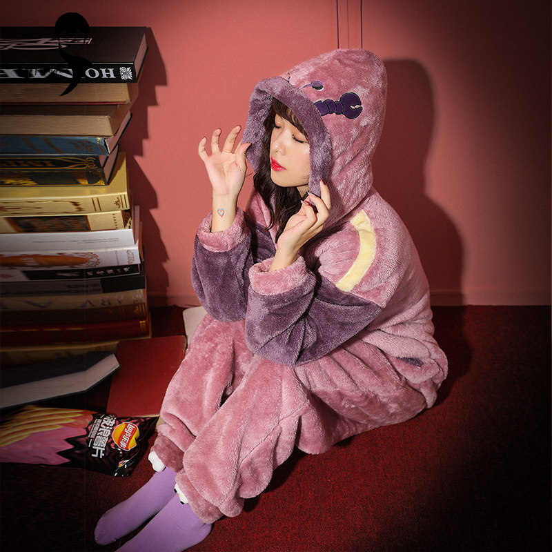 珊瑚绒睡衣女秋冬连体卡通动物动漫可爱甜美套装家居服男士