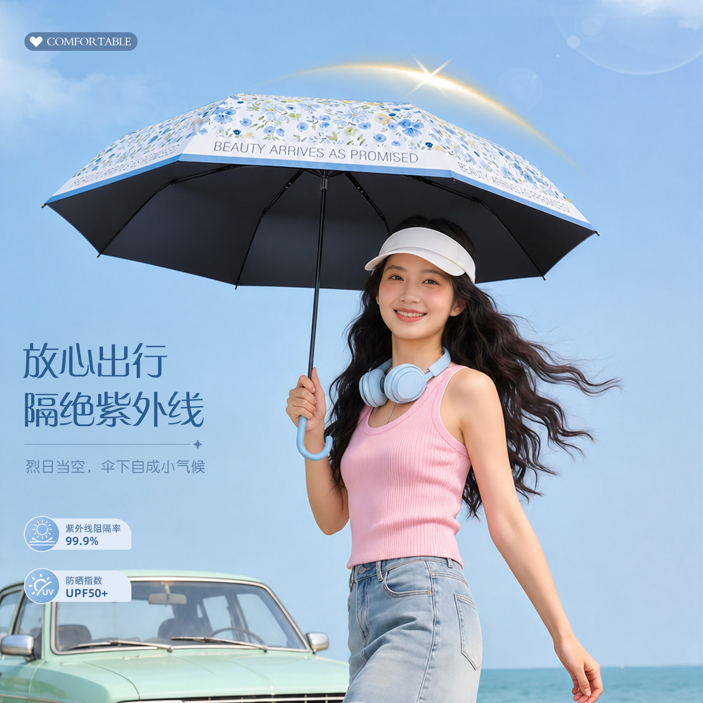 碎花防晒伞女大号防紫外线遮阳伞出游必备晴雨两用弯把太阳伞便携