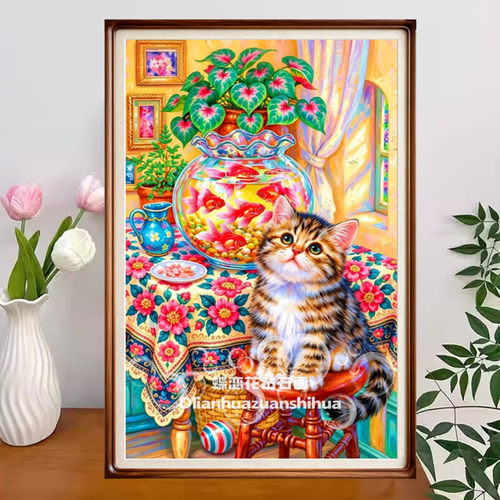 diy欧式复古房间小猫鱼缸钻石画方钻圆钻手工贴钻满钻十字绣新款