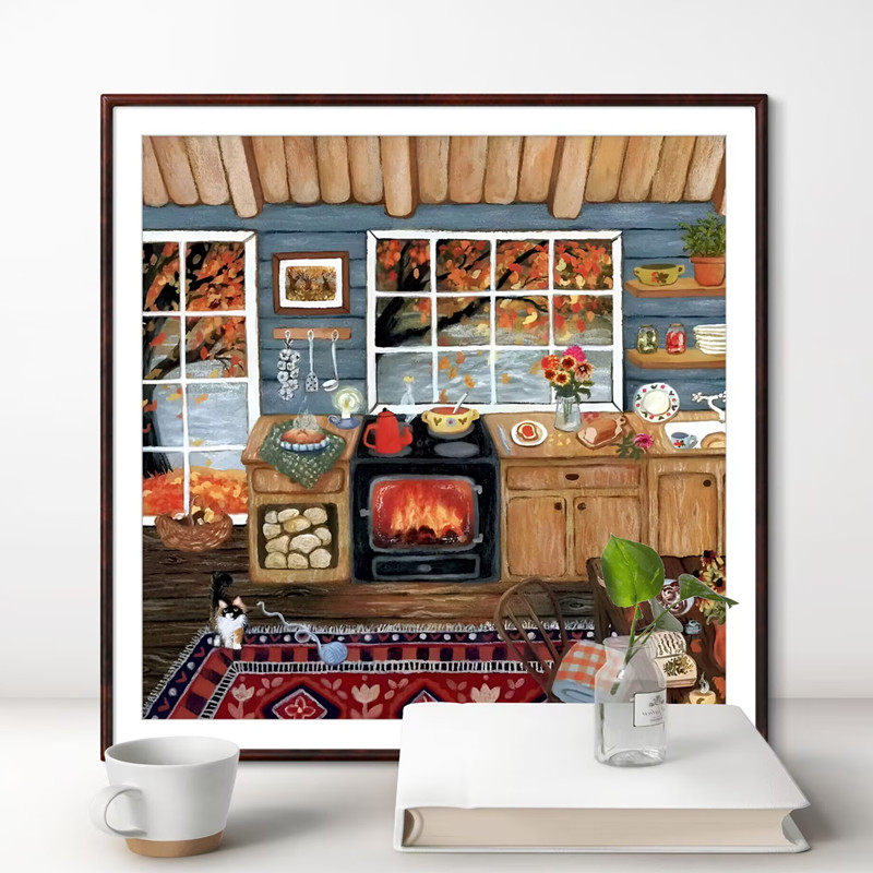 diy北欧插画风景温馨小屋猫咪房间钻石画方钻圆钻手工贴钻十字绣