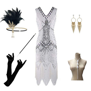 外贸1920S晚礼服女装 全套 黑色连衣裙重工钉珠亮片流苏裙欧美热卖