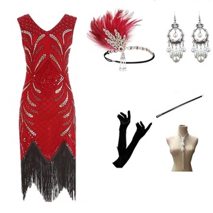 1920s复古盖茨比晚礼服钉珠小礼服聚会亮片流苏舞裙V领无袖 连衣裙