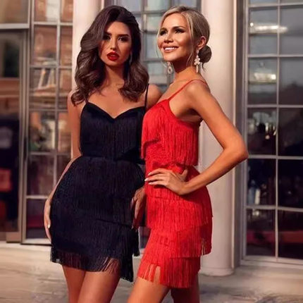 欧美爆款女装1920Sv领性感流苏裙短款吊带舞会聚会派对亚马逊