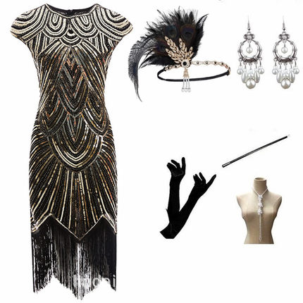 实拍复古盖茨比流苏编织亮片连衣裙1920s复古欧美短款晚礼服