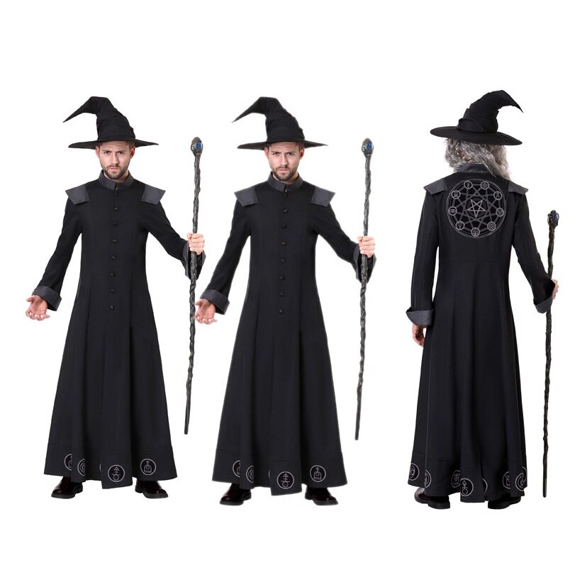 万圣节分码男款经典黑色魔法师巫师预言家服装恶魔派对舞台演出服