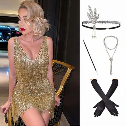 1920s复古V领流苏连衣裙盖茨比宴会晚礼服舞会派对表演服