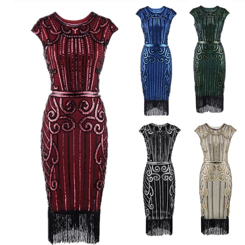 2025亚马逊品质爆款流苏编织亮片连衣裙1920s复古欧美舞会礼服裙