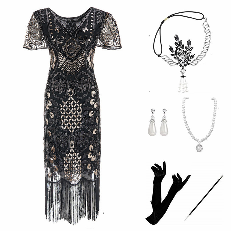速卖通欧美1920S盖茨比复古舞会亮片流苏礼服时尚钉珠连衣裙