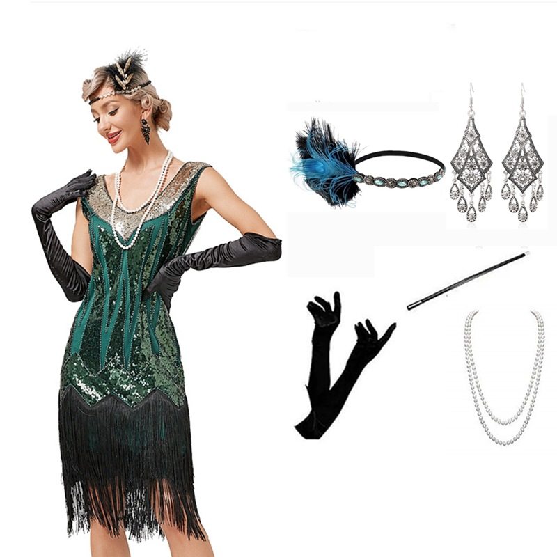 新款欧美女装V领无袖亮片流苏连衣裙1920s复古盖茨比舞会晚礼服