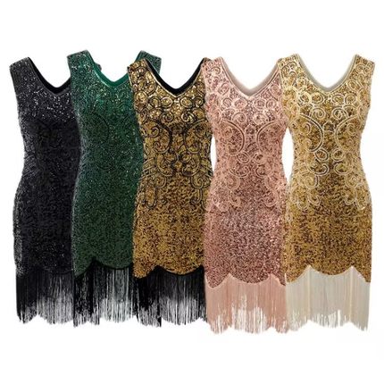 1920S复古盖茨比亮片裙晚会礼服流苏舞裙双V领连衣裙舞台表演服装