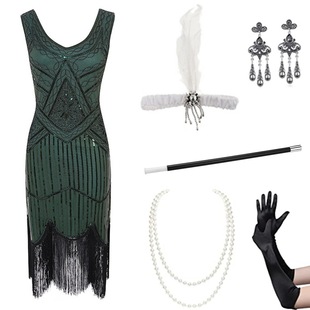 欧美爆款 聚会盖茨比连衣裙重工钉珠亮片流苏裙 1920S复古礼服