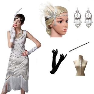 V领连衣裙 4XL加大码 爆款 1920s复古订珠亮片流苏晚礼服S