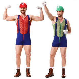 万圣节超级玛丽cosplay马里奥兄弟网布连体衣欧美男士制服演出服