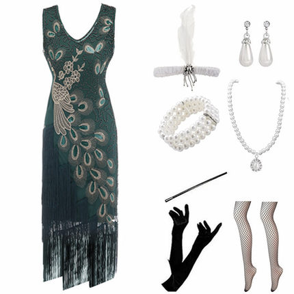 欧美爆款女装1920S发箍亮片连衣裙舞会聚会流苏晚礼服盖茨比套装