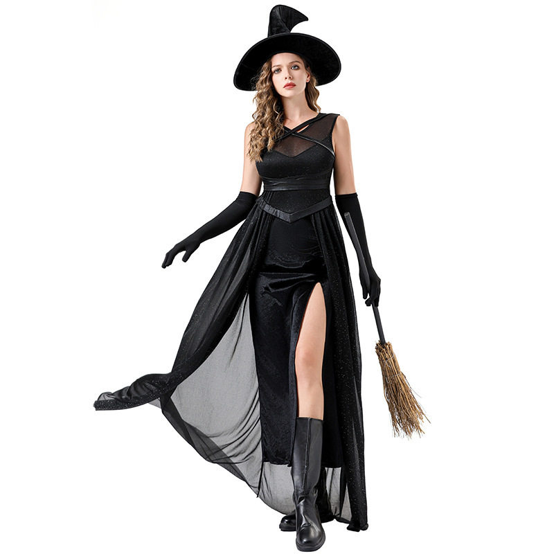 欧美万圣节女巫服装cosplay舞台演出服吸血鬼巫婆黑色连衣裙