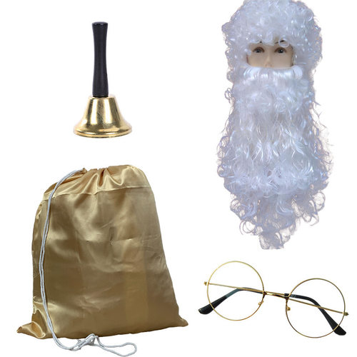 外贸圣诞老人道具手持铃铛眼镜圣诞布袋大胡子假发套装舞台装