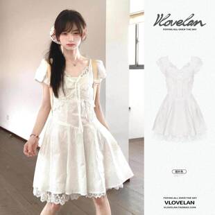 初恋感白色蓬蓬裙小个子穿搭蕾丝拼接收腰短款泡泡袖连衣裙女夏季