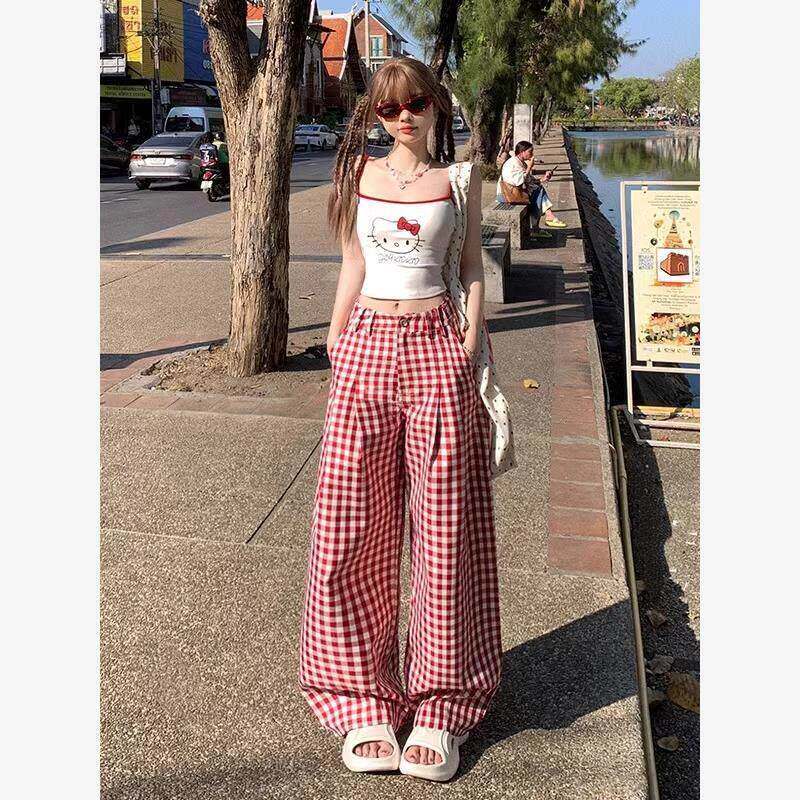 美式红白色格子休闲裤女春夏季2025新款bf慵懒风宽松直筒阔腿裤子