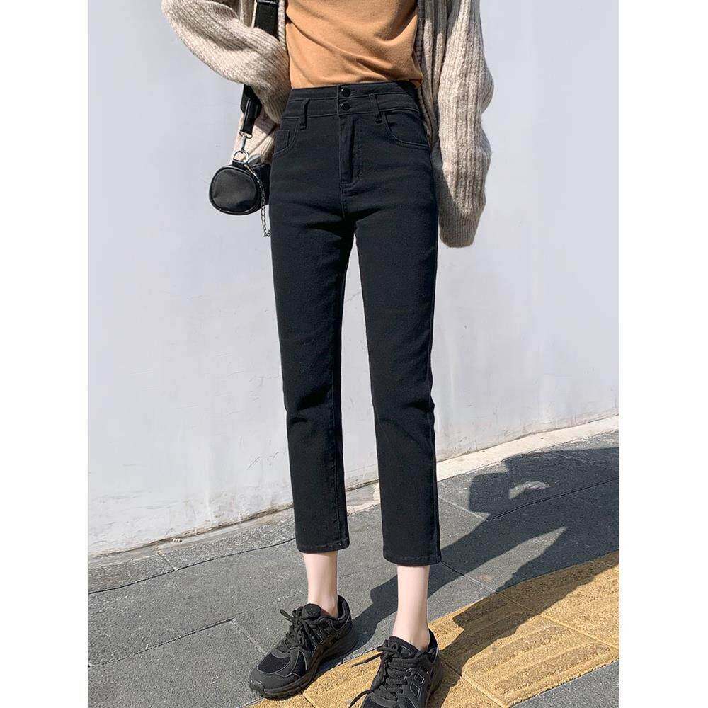 黑色窄版直筒牛仔裤女秋冬新款小个子八分高腰百搭显瘦烟管裤加绒