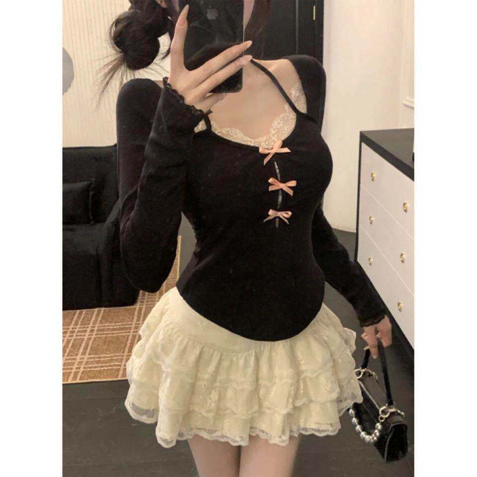 纯欲蕾丝拼接挂脖上衣女春夏新款高腰显瘦蓬蓬蛋糕裙套装女俩件套