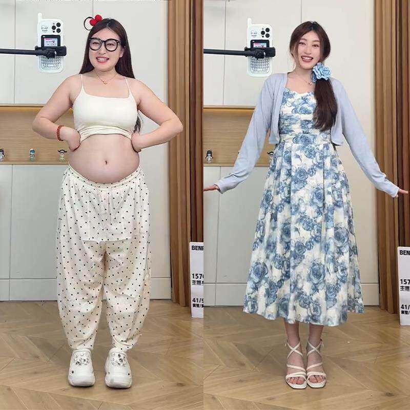 梨形身材大码胖mm法式碎花吊带连衣裙女夏季遮肚巨显瘦高级感套装