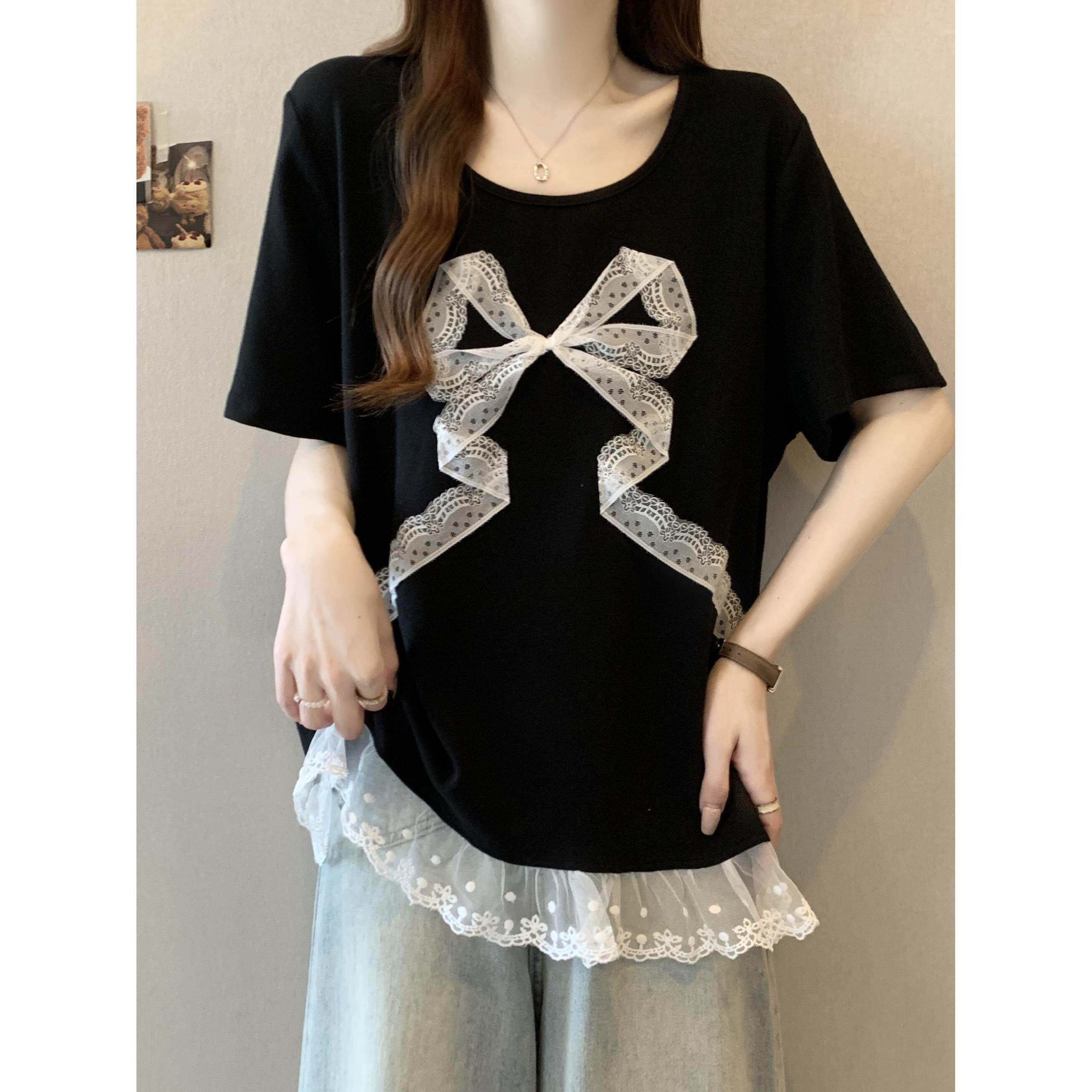 夏季爆款蕾丝花边拼接短袖T恤2025新款大码女装胖mm宽松遮肉上衣