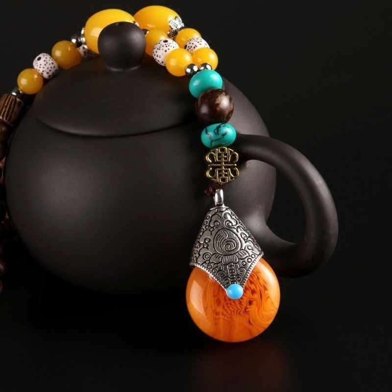 民族风复古项链女吊坠男文艺棉麻服饰挂件配饰木质佛珠长款毛衣链