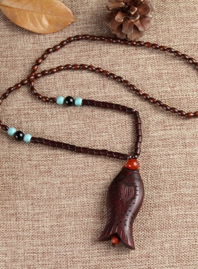 原创文艺风复古桃木手工长款吊坠