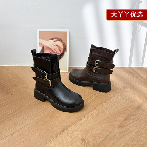 大丫丫大码女鞋牛皮加绒保暖短靴