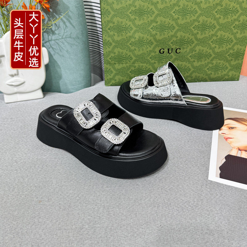 大丫丫大码女鞋头层牛皮时尚拖鞋