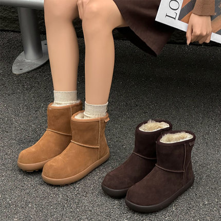 宽胖脚肥大码女鞋41-43大棉靴2025冬新款真皮平底套筒雪地靴25936