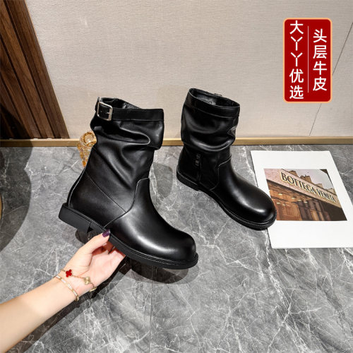大丫丫大码女鞋美拉德低跟中筒靴