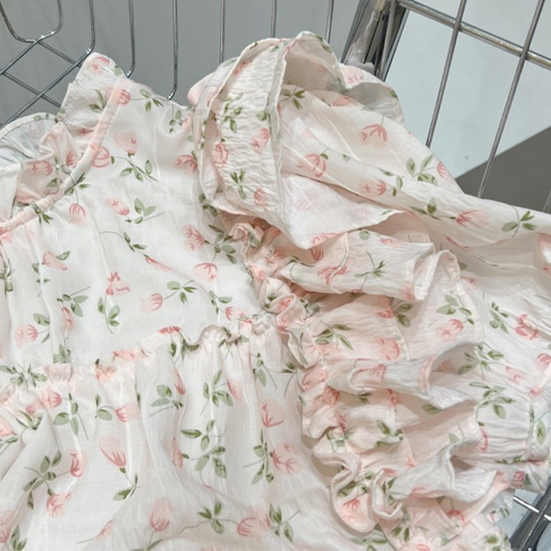 SUMMER SOLSTICE CHERRY PINK SOUTH KOREAS DONGDAEMUN NEW RUFFLE FLORAL TOP WOMENS DESIGN SENSE BUBBLE SHORT-SLEEVED SHIRT