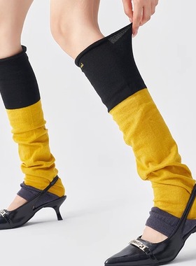 撞色堆堆袜羊毛刺绣腿套日系过膝护腿辣妹y2k花边黄色2025秋冬