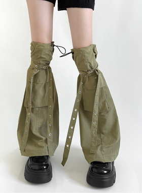 辣妹阔腿袜套绿色腿套机能风工装抽绳可调节飘带甜酷个性过膝袜套