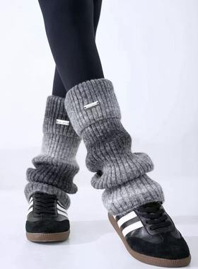 渐变羊毛堆堆袜套花纱翻边金属标韩版保暖百搭灰色长筒小腿套秋冬