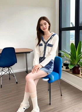 法式S家2025春季新学院风海军领牛仔拼接针织开衫上衣SFPCA01168