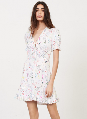 法国M家舞纤春夏新款女甜美风V领印花系带荷叶边连衣裙MFPRO01702